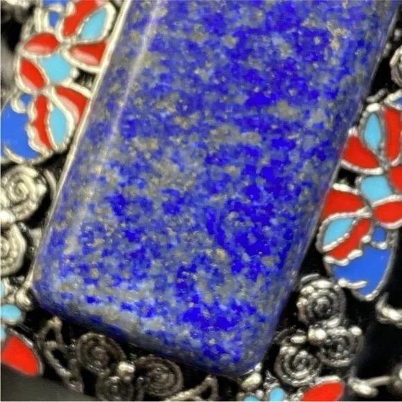 Hanmdade Bracelet Red Blue Enamel Hematite Beads Lapis Lazuli Stone 7" to 8" - Picture 3 of 14